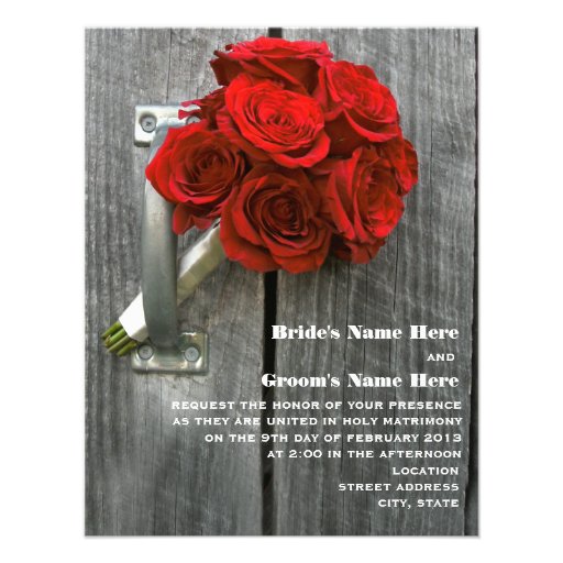 Red Rose Bouquet & Barnwood Wedding Personalized Invites