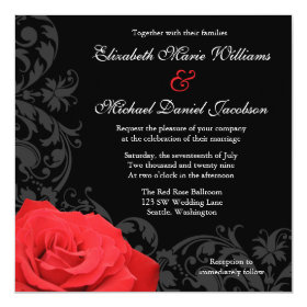 Red Rose Flourish Wedding 5.25x5.25 Square Paper Invitation Card