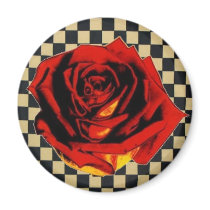 Red Rose on Black and Beige Check magnets by JuJuGarden Red Rose on Black and Beige Check magnets