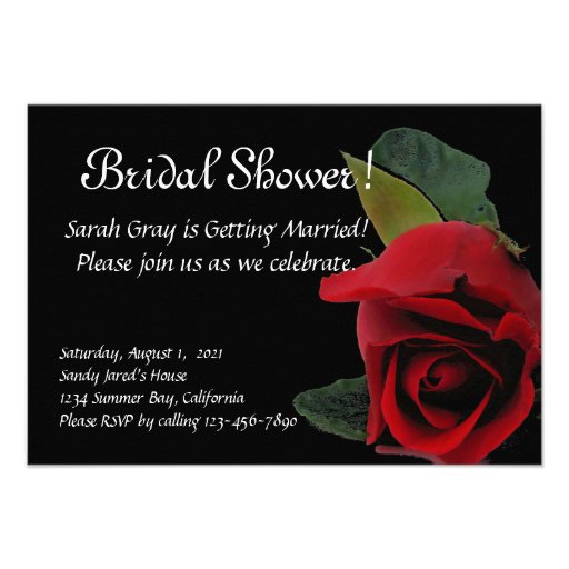 Red rose on black bridal shower custom invitations