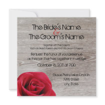 red rose on wood wedding invitations