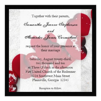 Red Rose Petals in Snow, Winter Wedding Invitation