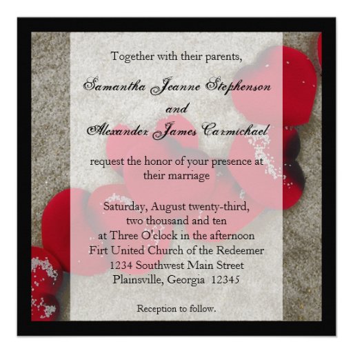 Red Rose Petals on Sand Beach Wedding Personalized Invitation