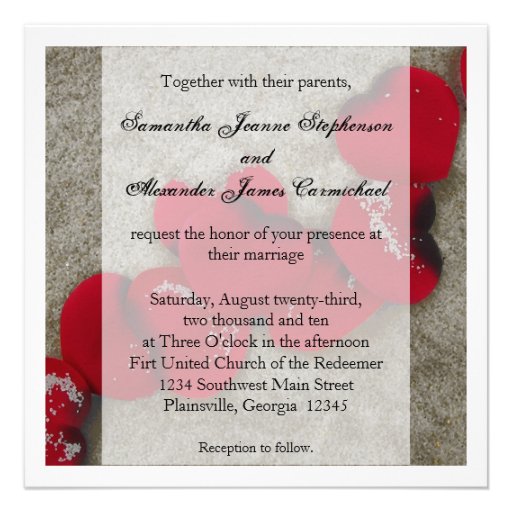 Red Rose Petals, Sand Beach Wedding Invitation