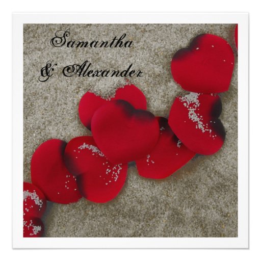 Red Rose Petals, Sand Beach Wedding Invitation