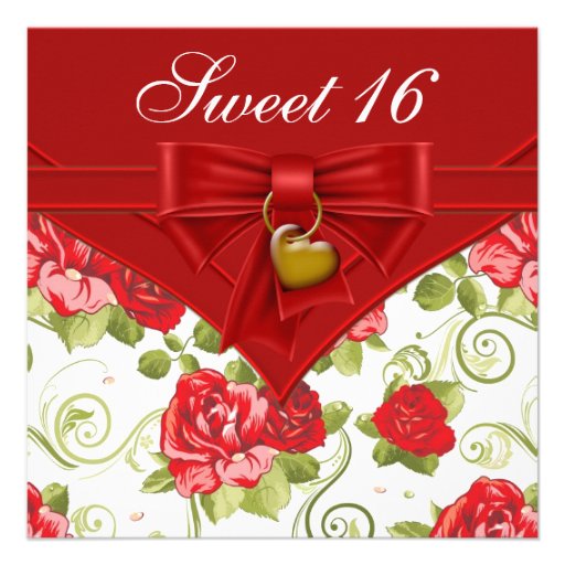 Red Rose Red Gold Sweet Sixteen Birthday Party Custom Announcement