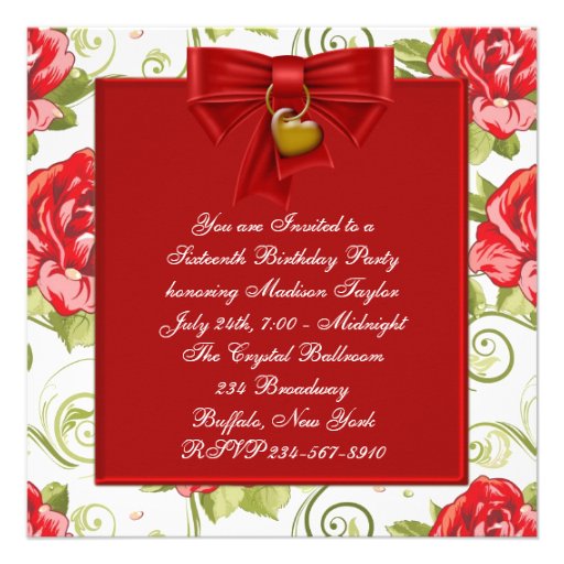 Red Rose Red Gold Sweet Sixteen Birthday Party Custom Announcement
