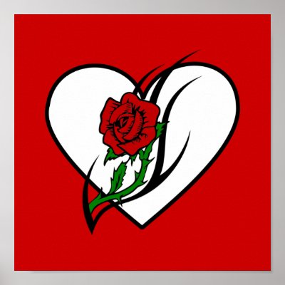 Rose tattoo designs features a single red rose with a white heart background