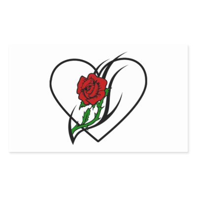 Rose tattoo designs features a single red rose with a white heart background