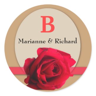 Red Rose Wedding Envelope Seal : Gold Monogram sticker
