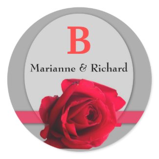 Red Rose Wedding Envelope Seal : Silver Monogram sticker