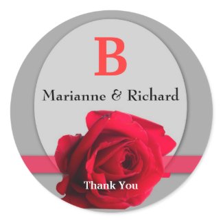 Red Rose Wedding Envelope Seal : Silver Monogram sticker