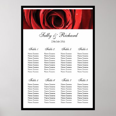 Red Rose Wedding Table Seating Plan Poster by claire shearer