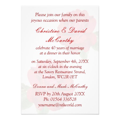Red roses 40th Ruby Wedding Anniversary Invitation
