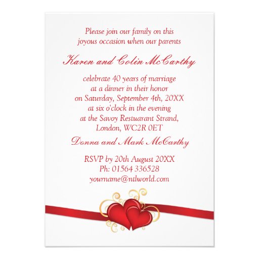 Red roses and hearts 40th Wedding Anniversary Invite