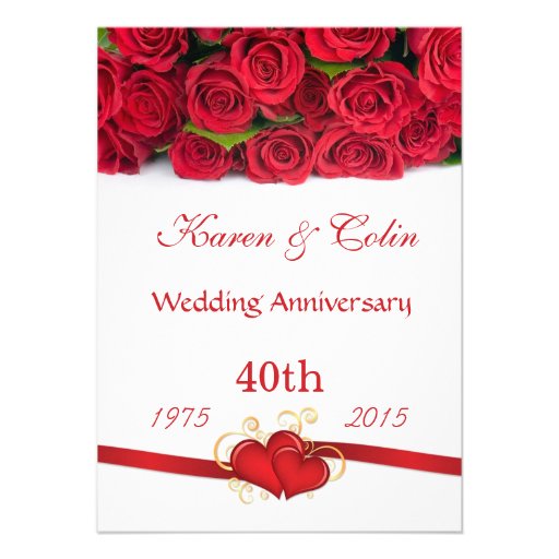 Red roses and hearts 40th Wedding Anniversary Invite