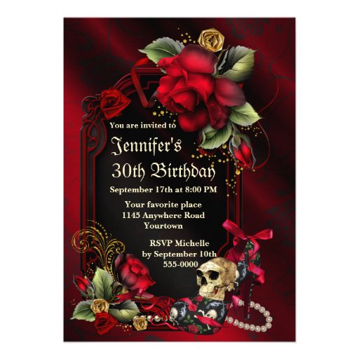 Red Roses and  Skull Gothic Birthday Personalized Invites