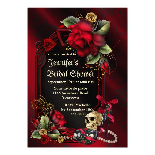 Red Roses and  Skull Gothic Bridal Shower Custom Announcements
