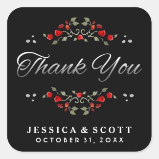 Red Roses Black & White Matching Wedding Thank You Square Sticker