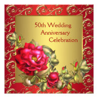 Red Roses Gold 50th Wedding Anniversary Personalized Invite