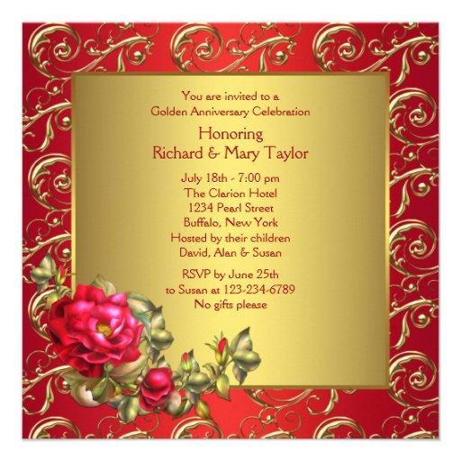 Red Roses Gold 50th Wedding Anniversary Personalized Invite