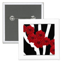 RED ROSES ON BLACK AND WHITE ZEBRA PRINT PINBACK BUTTON