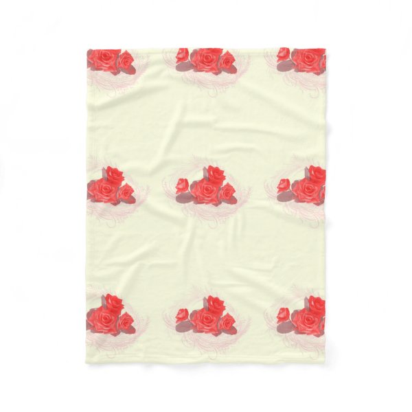 Red Roses on Vintage Cream Fleece Throw Blanket Fleece Blanket