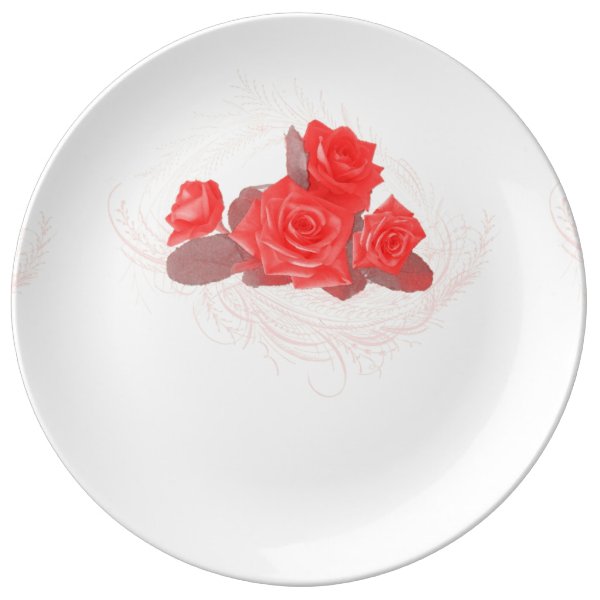 Red Roses on Vintage Cream Porcelain Plate