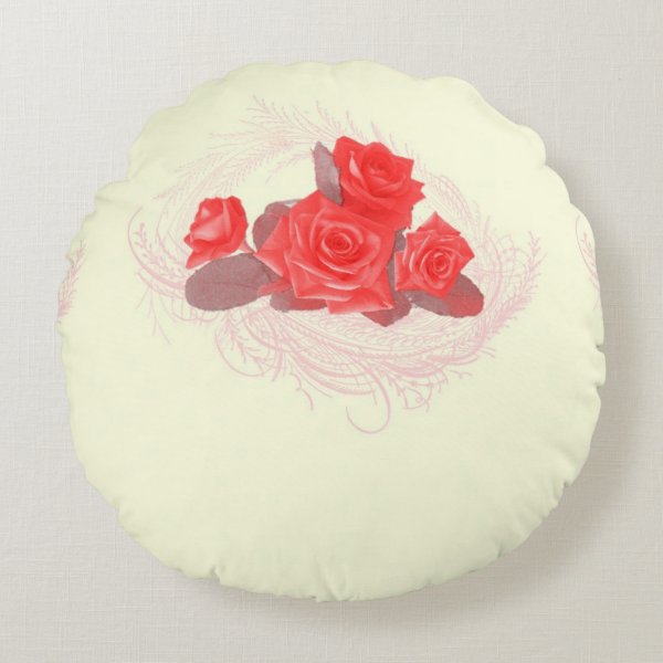 Red Roses On Vintage Cream Round Pillow Cushion