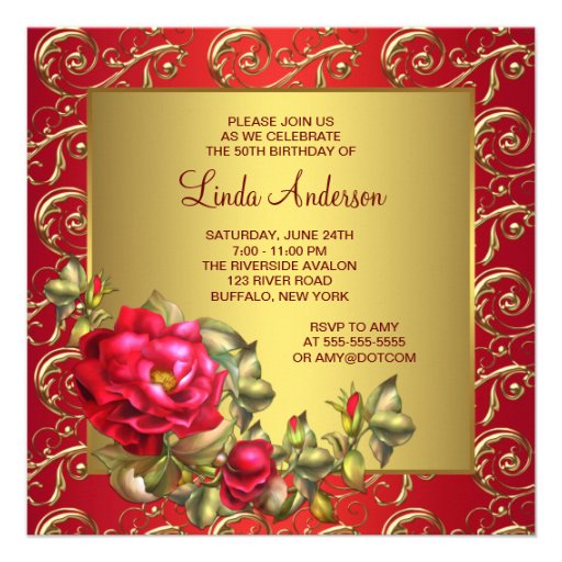 Red Roses Womans 50th Birthday Party Custom Invites