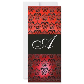 RED RUBY AND BLACK DAMASK MONOGRAM , white invitation