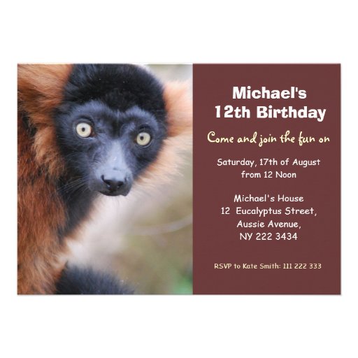 Red Ruffed Lemur Birthday Party Invitation