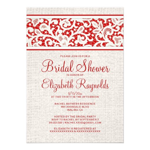 Red Rustic Burlap Linen Bridal Shower Invitations