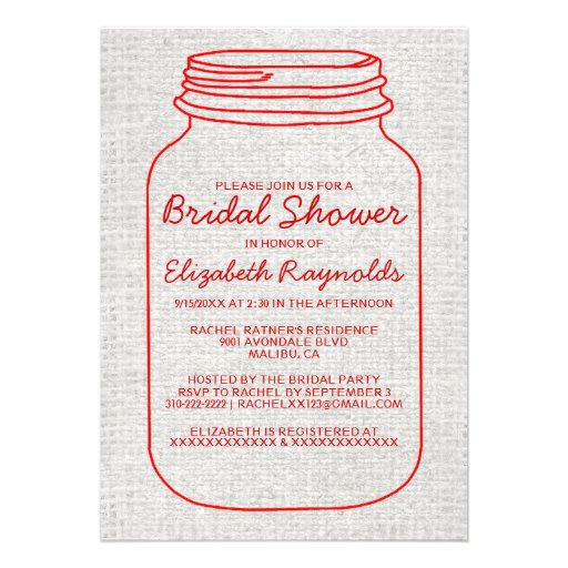 Red Rustic Burlap Mason Jar Bridal Shower Invites