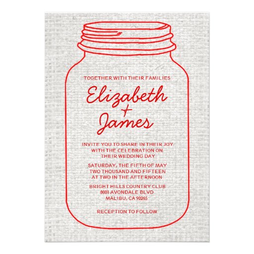 Red Rustic Burlap Mason Jar Wedding Invitations