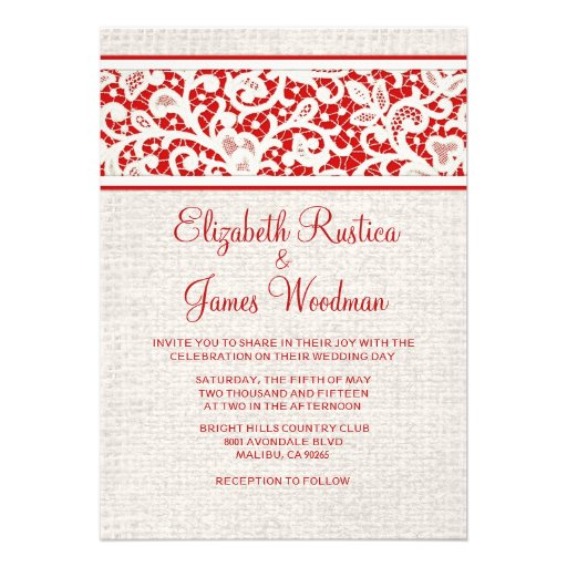 Red Rustic Country Burlap Linen Wedding Invitation