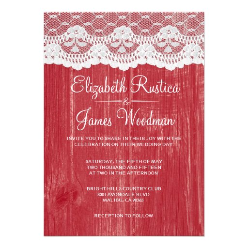 Red Rustic Lace & Barn Wood Wedding Invitations