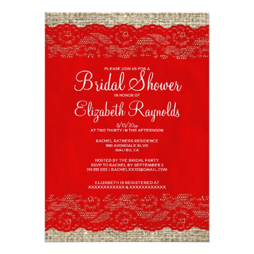 Red Rustic Lace Bridal Shower Invitations