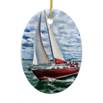 Red Sailboat, Blue Sky, Green Sea Edges Christmas Tree Ornaments