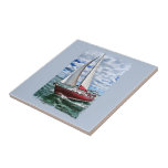Red Sailboat, Blue Sky, Green Sea Edges Tile