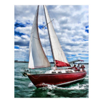 Red Sailboat, Blue Sky, Green Sea Poster