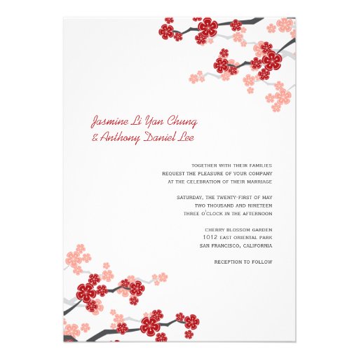 Red Sakura Cherry Blossoms Flowers Chinese Wedding Custom Announcements