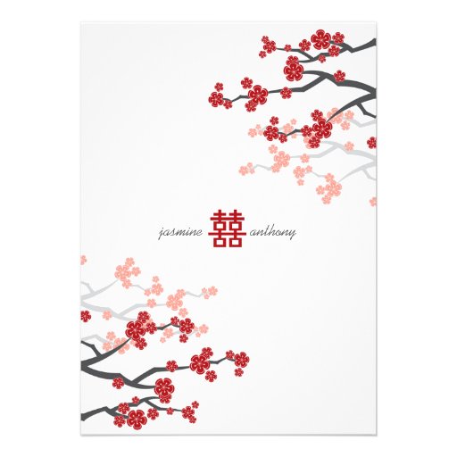 Red Sakura Cherry Blossoms Flowers Chinese Wedding Custom Announcements (front side)