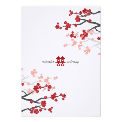 Red Sakura Cherry Blossoms Flowers Chinese Wedding Custom Invitation
