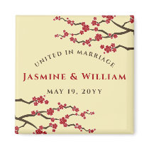 Red Sakura Cherry Blossoms Wedding Announcement Magnet