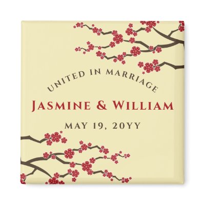 Red Sakura Cherry Blossoms Wedding Announcement Magnet
