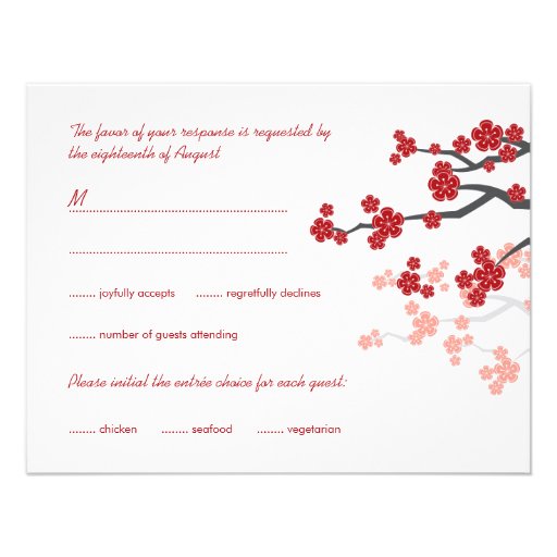 Red Sakura Flowers Double Happiness Wedding RSVP Personalized Invites