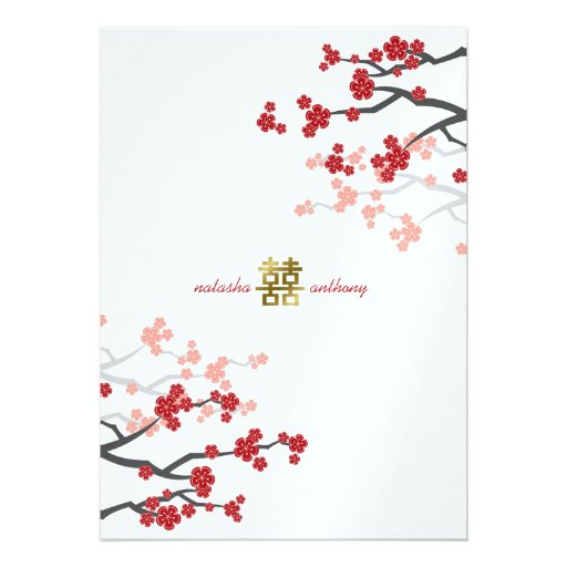 Red Sakura Flowers Gold Double Happiness Wedding Personalized Invite