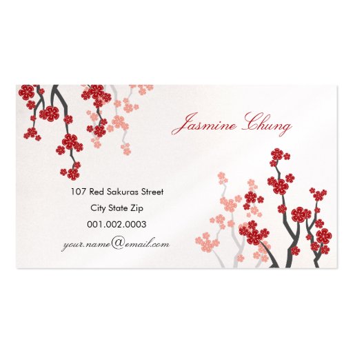 Red Sakuras Cherry Blossoms Oriental Zen Asian Business Cards (front side)