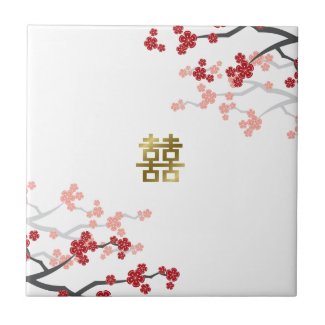 Red Sakuras Chinese Wedding Gold Gift Tile tile